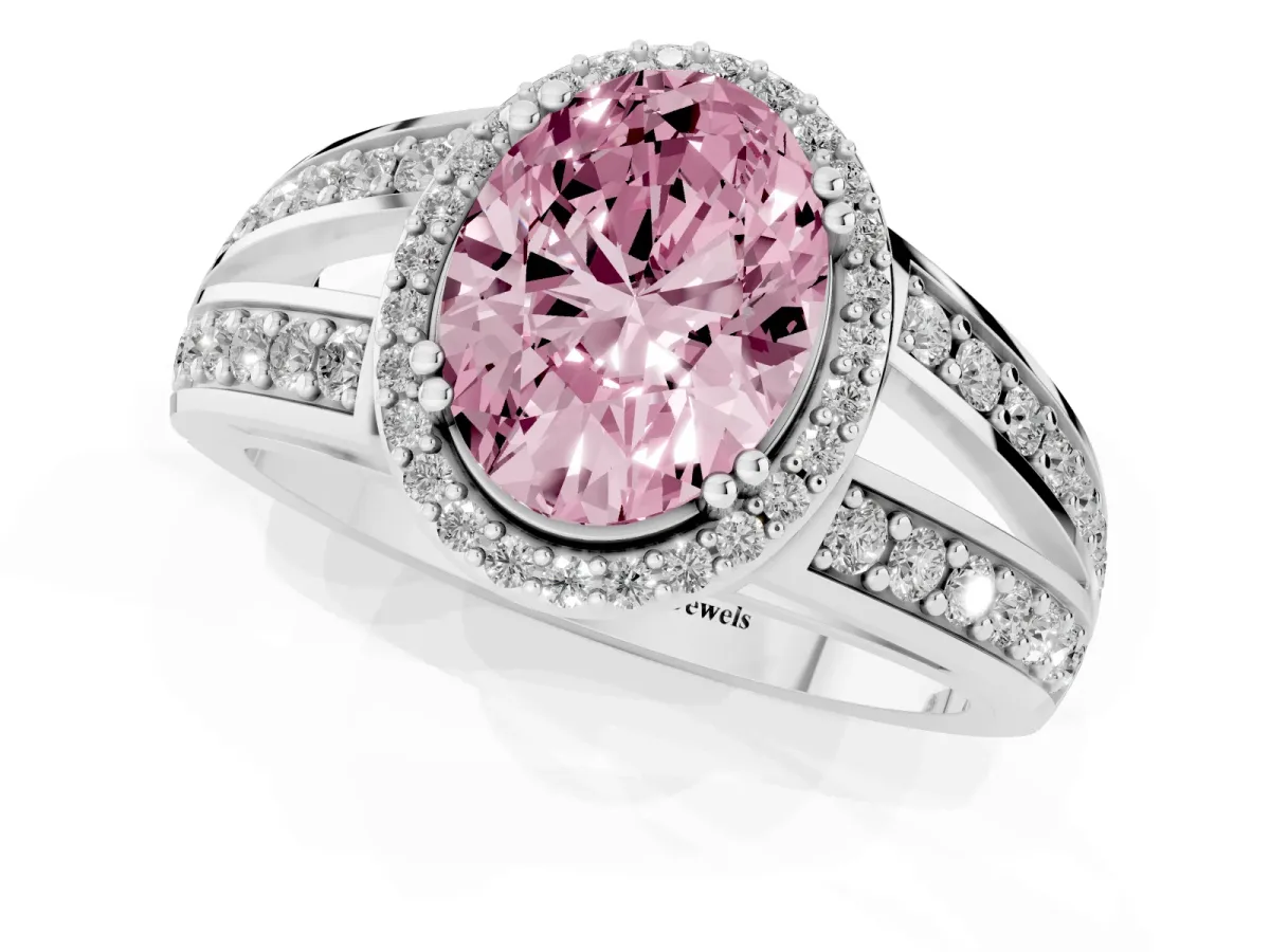 Fancy Pink Oval Cut Diamond Halo Ring with Split Shank Pavé Band and Four-Prong Setting Platinum