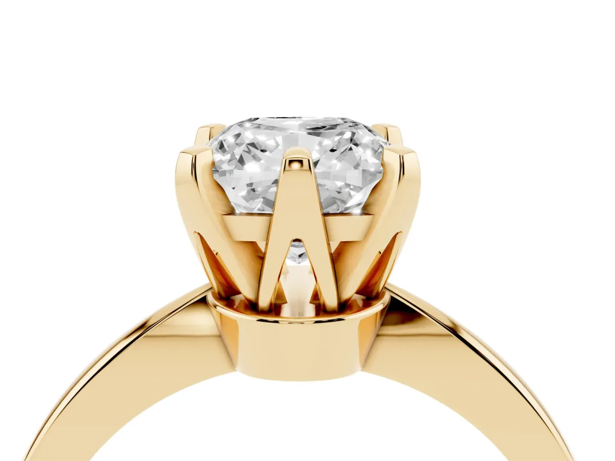 Cushion Cut Solitaire Engagement Ring with Six-Prong Setting and Tapered Band Yellow gold