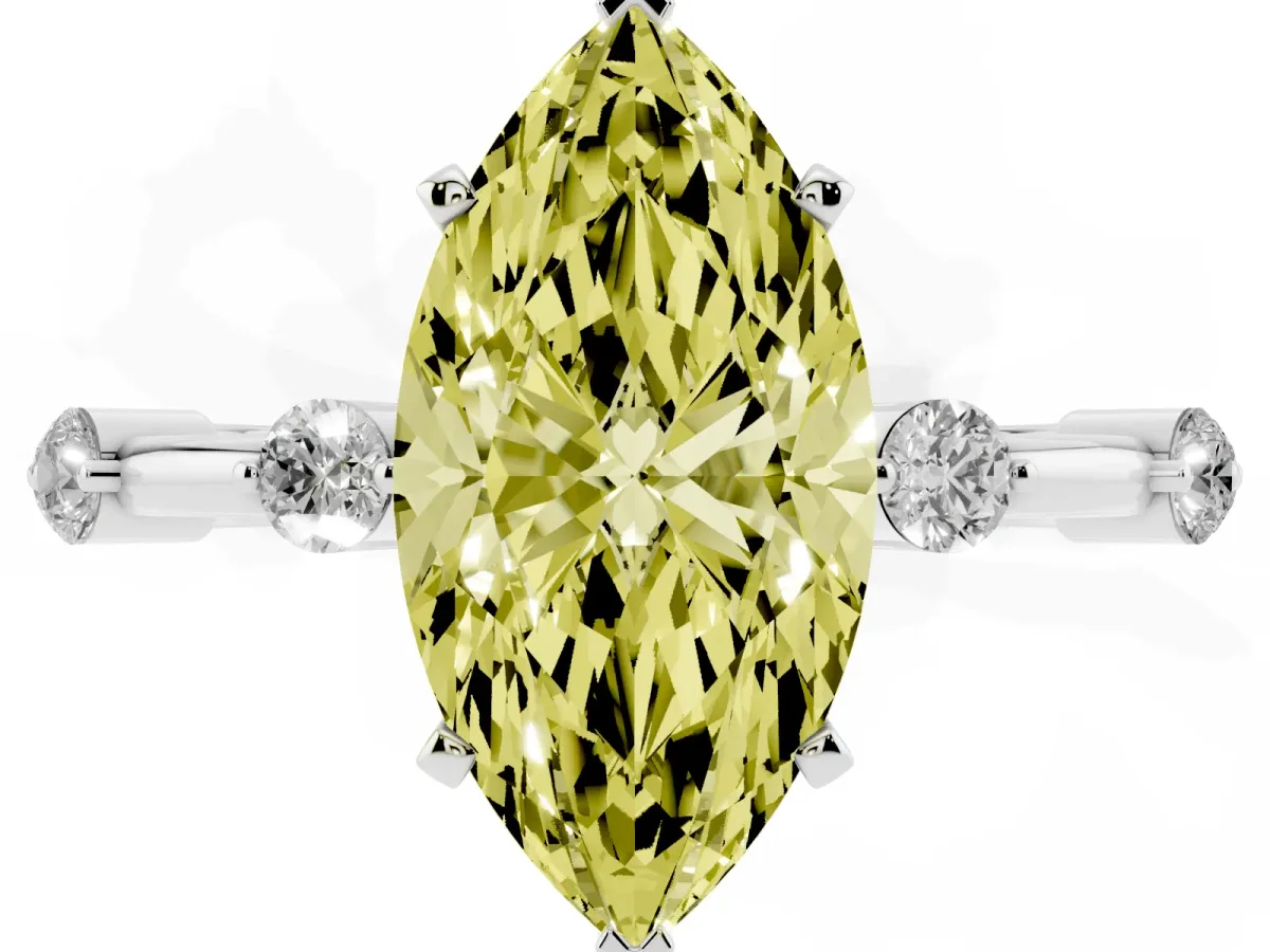 Fancy Yellow Marquise Cut Solitaire Diamond Ring with Bezel Set Side Stones and Prong Setting Silver