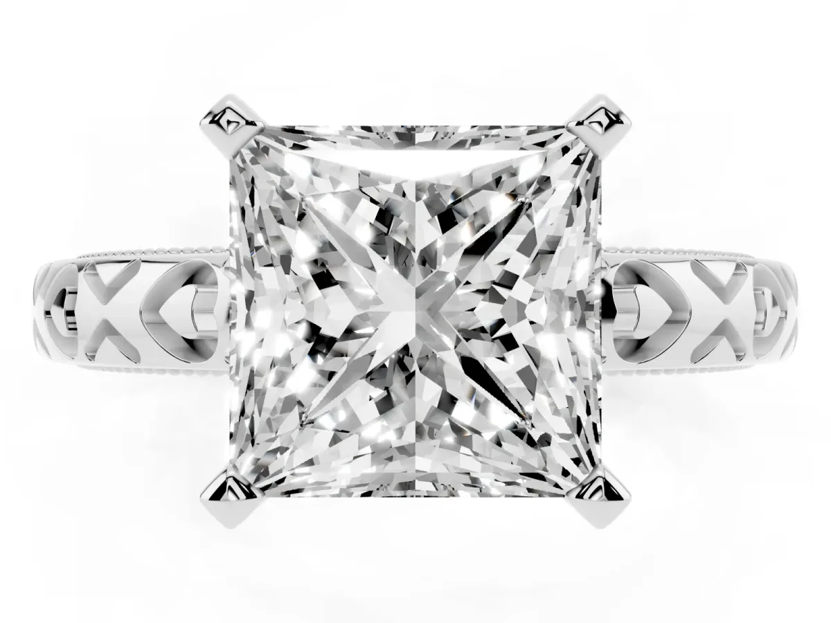 Princess Cut Solitaire Diamond Engagement Ring with XO Engraved Band and Four-Prong Setting White gold