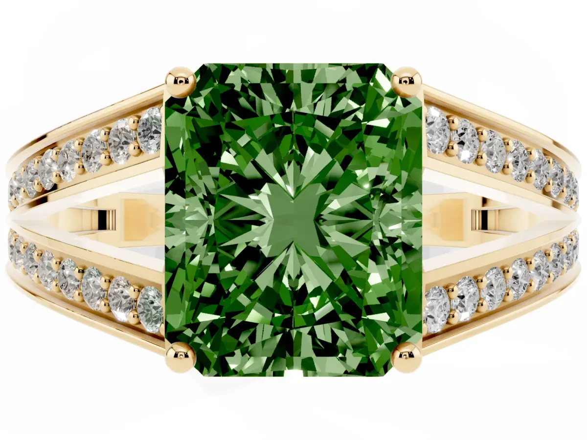 Fancy Green Radiant Cut Diamond Split Shank Ring with Pavé Band and Four-Prong Setting Yellow gold