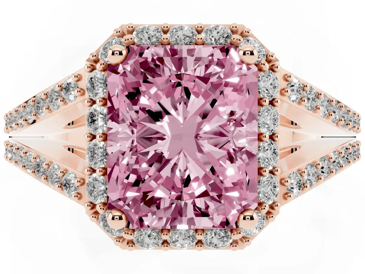 Fancy Pink Radiant Cut Halo Split Shank Pave Diamond Ring with Four-Prong Setting Rose gold