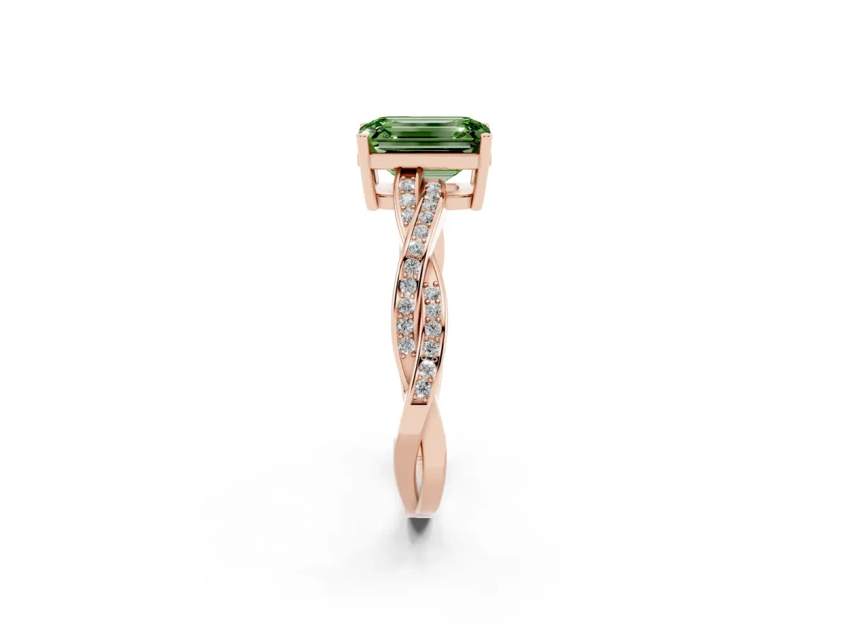 Fancy Green Emerald Cut Solitaire Twisted Pave Diamond Ring with Four-Prong Setting Rose gold