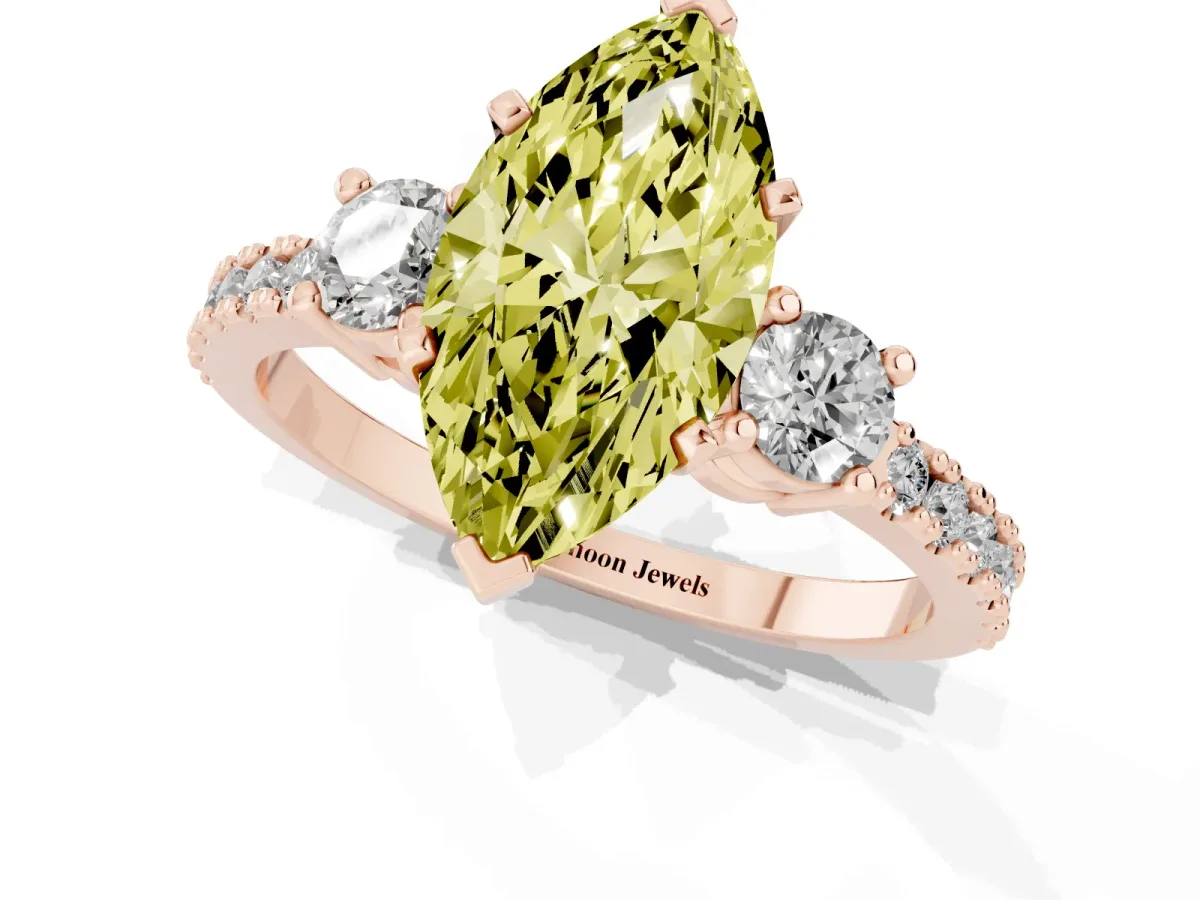 Fancy Yellow Marquise Cut Three-Stone Diamond Pavé Band with Prong Setting Rose gold