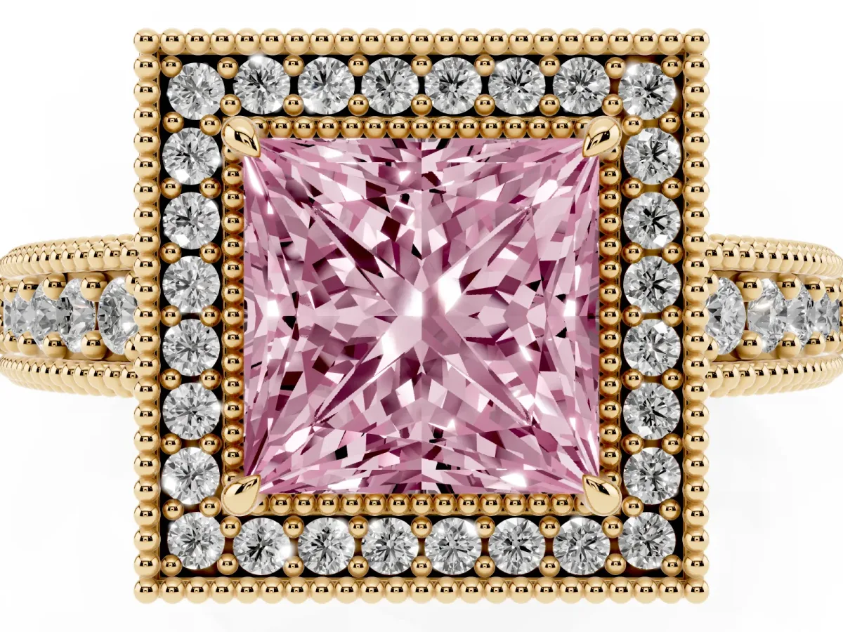 Fancy Pink Princess Cut Cut Halo Diamond Ring with Pavé Band and Four-Prong Setting Yellow gold