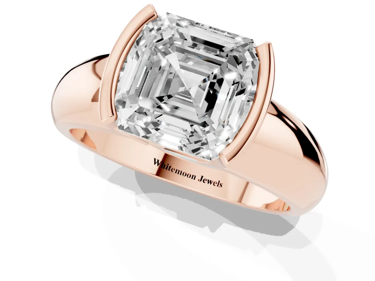 Asscher Cut Solitaire Tension Set Diamond Ring with Wide Band Rose gold