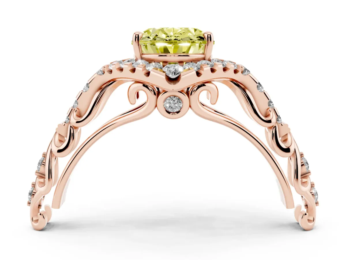 Fancy Yellow Oval Cut Diamond Solitaire Ring with Hidden Halo and Pavé Band Rose gold