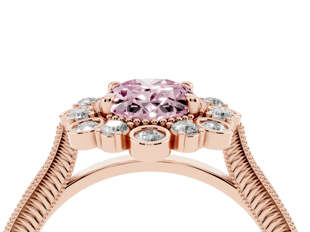 Fancy Pink Oval Cut Halo Milgrain Pave Diamond Ring with Four-Prong Setting Rose gold