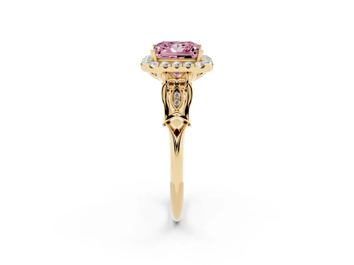 Fancy Pink Princess Cut Halo Diamond Engagement Ring with Filigree Band and Four-Prong Setting Yellow gold
