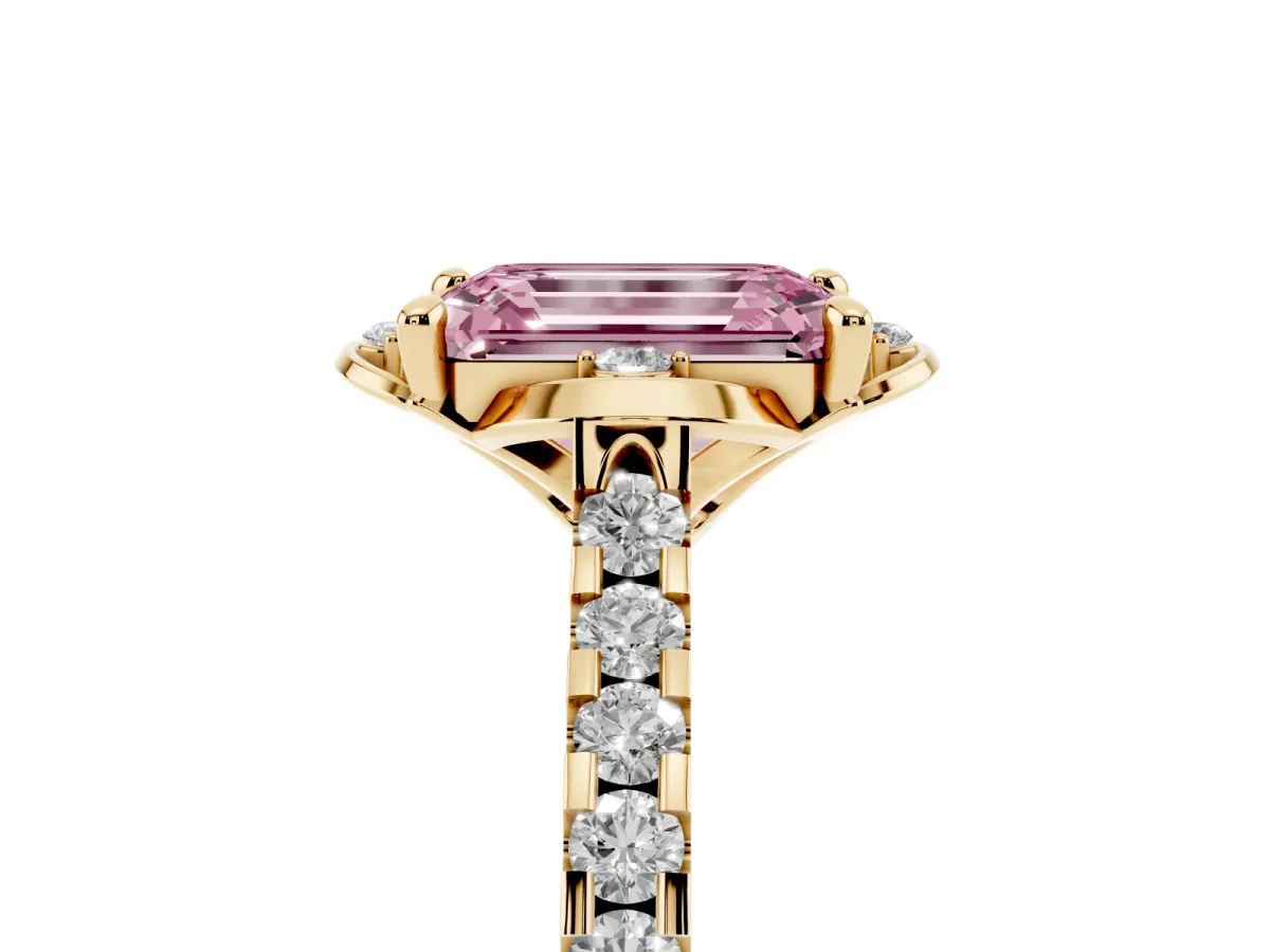 Fancy Pink Emerald Cut Diamond Ring with Pavé Band and Floral Prong Setting Yellow gold