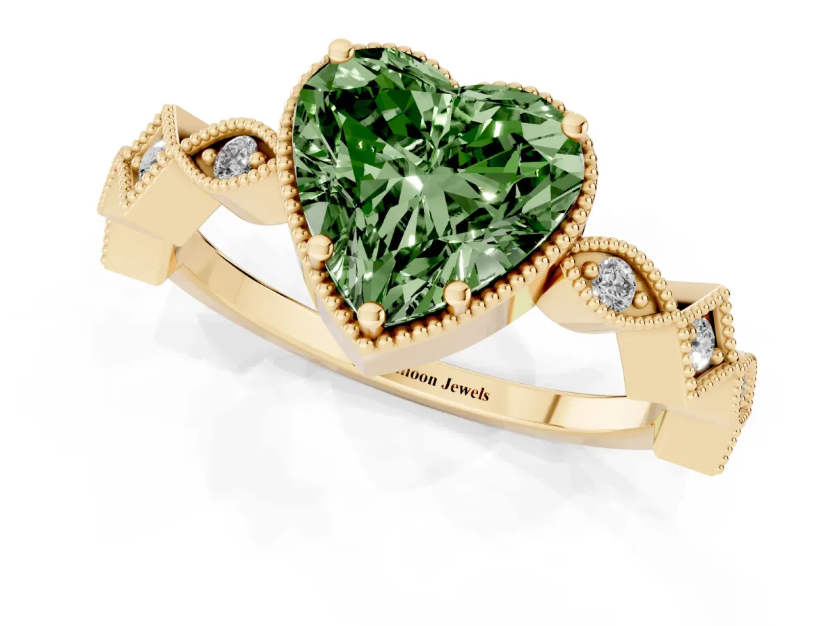Fancy Green Heart Cut Milgrain Marquise Diamond Twist Band Ring Yellow gold