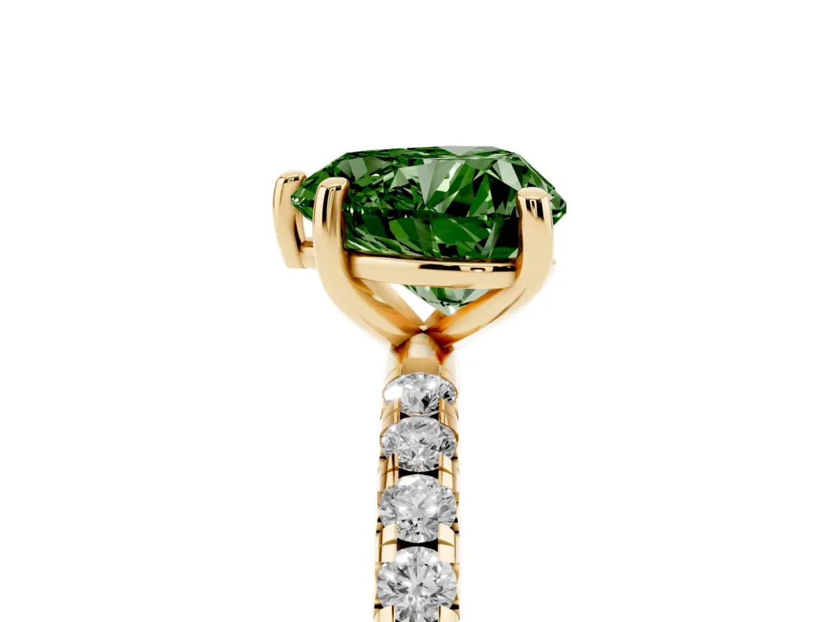 Fancy Green Heart Cut Cut Diamond Solitaire Ring with Micro Pave Band and Four Prong Setting Yellow gold