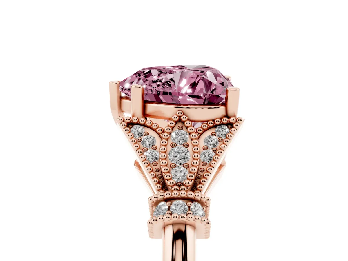 Fancy Pink Heart Cut Diamond Solitaire Ring with Floral Filigree and Pave Accents Rose gold