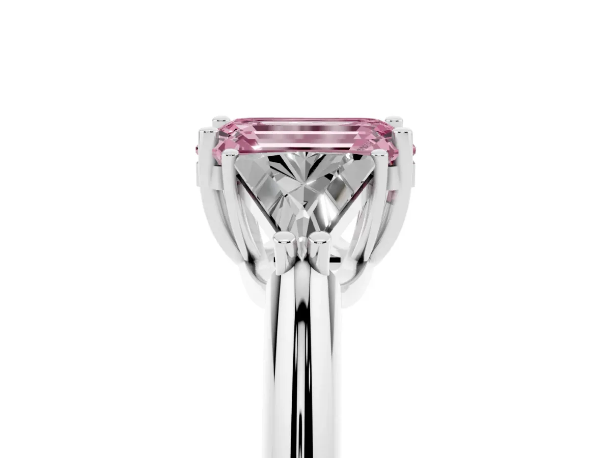 Fancy Pink Three-Stone Emerald Cut Diamond Engagement Ring with Trillion Side Stones and Prong Setting Silver