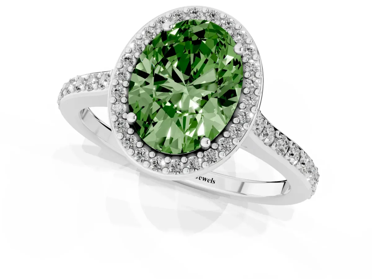 Fancy Green Oval Cut Diamond Halo Engagement Ring with Round Pavé Shoulders and Prong Setting Silver