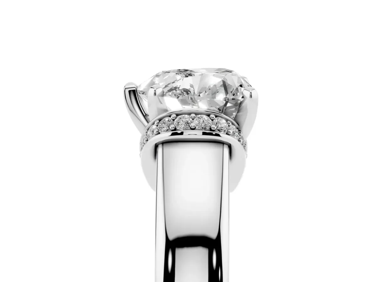 Heart Cut Solitaire Diamond Ring with Pave Band and Six-Prong Setting Silver