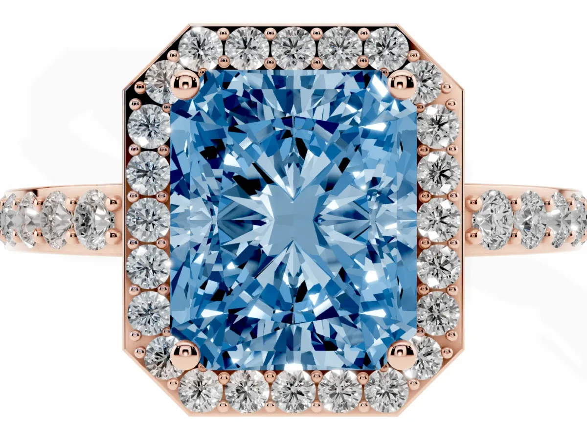 Fancy Blue Radiant Cut Halo Diamond Pavé Band Ring with Prong Setting Rose gold