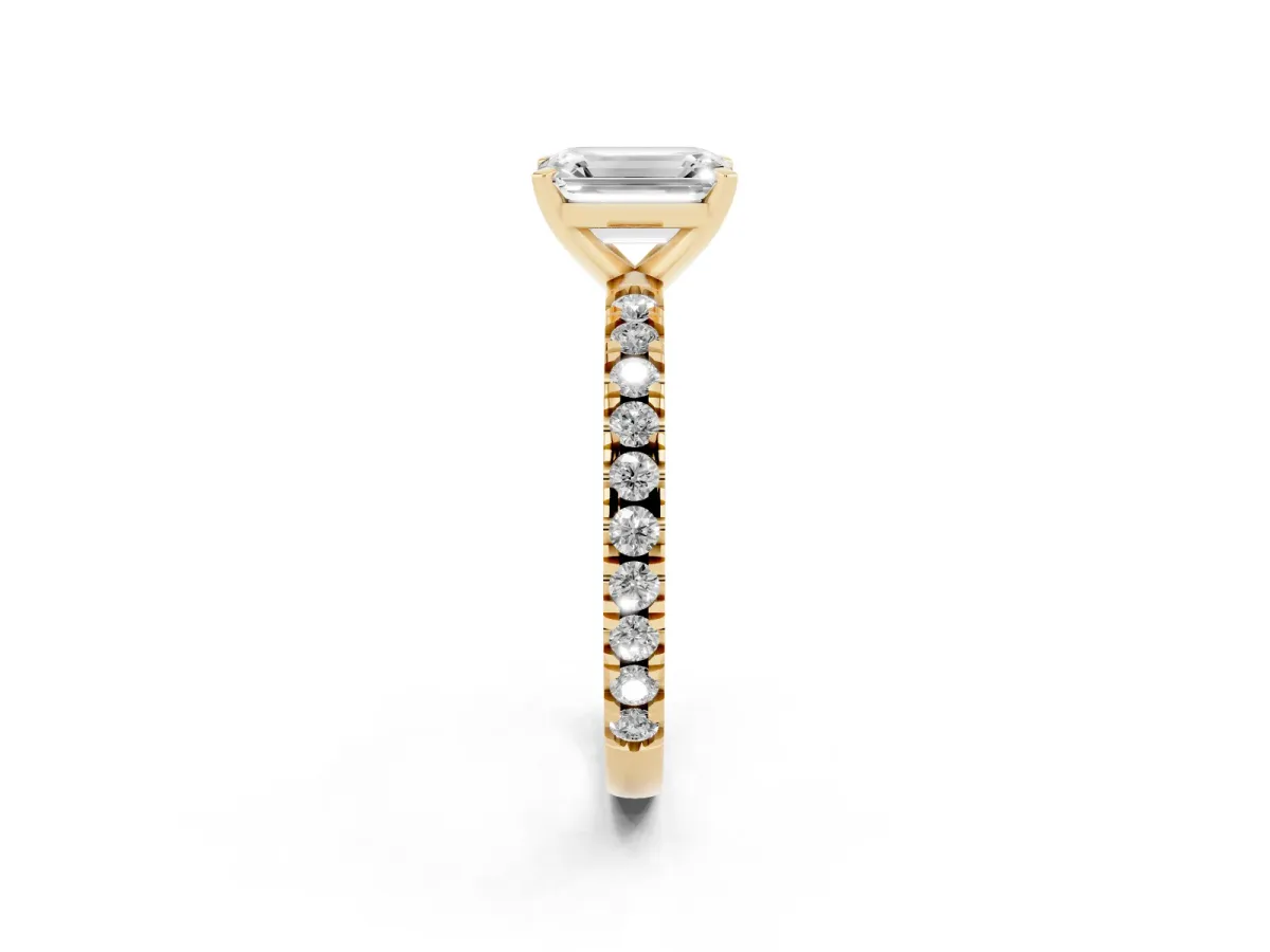 Emerald Cut Diamond Pavé Band Solitaire with Four-Prong Setting Yellow gold