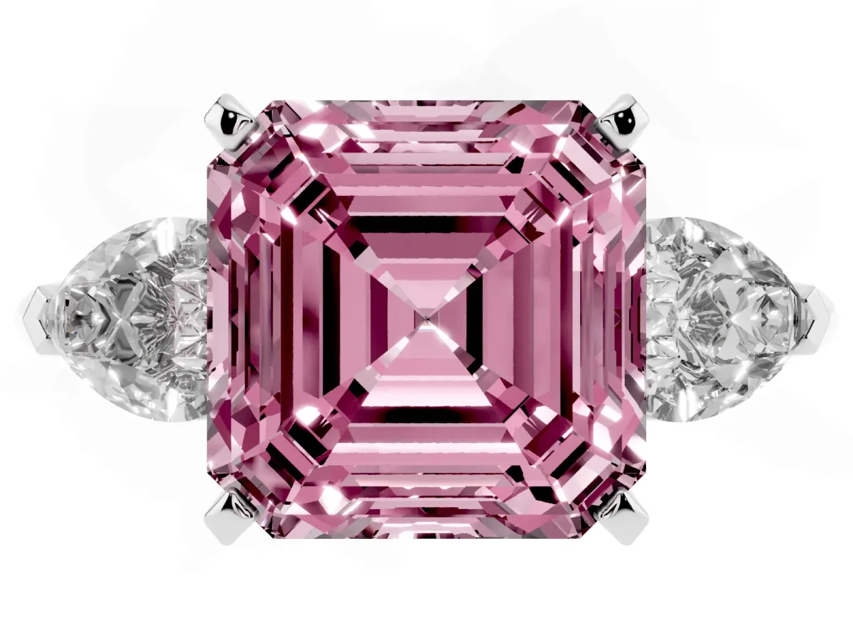 Fancy Pink Three-Stone Asscher Cut Diamond Ring with Pear Side Stones and Four-Prong Setting Silver