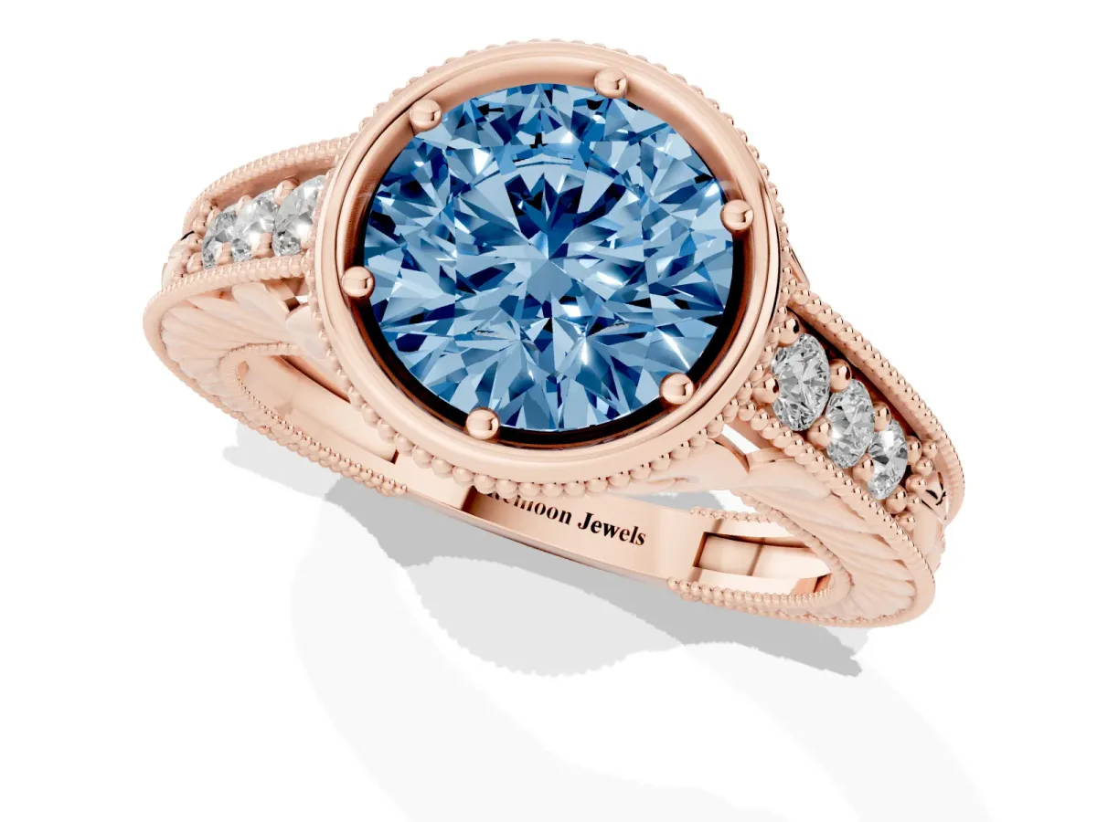 Fancy Blue Bezel Set Round Cut Diamond Milgrain Pave Engagement Ring Rose gold