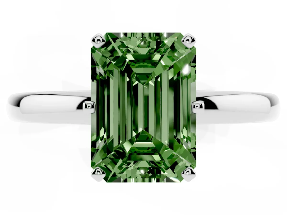 Fancy Green Emerald Cut Solitaire Diamond Ring with Six-Prong Setting on a Classic Band Platinum