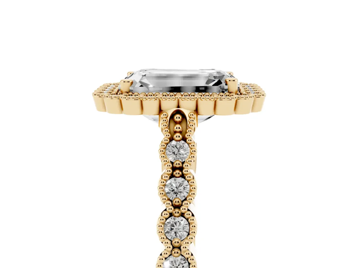 Emerald Cut Cut Halo Pavé Solitaire Ring with Milgrain Band Yellow gold