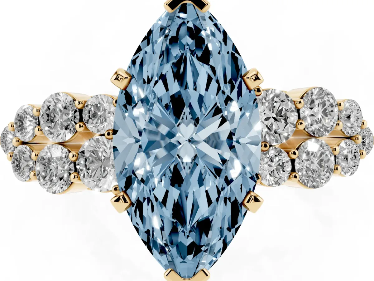 Fancy Blue Marquise Cut Cluster Diamond Engagement Ring with Pavé Band and Four-Prong Setting Yellow gold