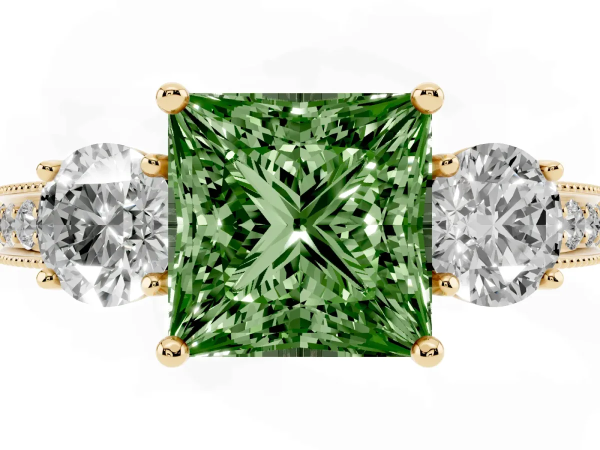 Fancy Green Princess Cut Three-Stone Diamond Ring with Pavé Band and Four-Prong Setting Yellow gold