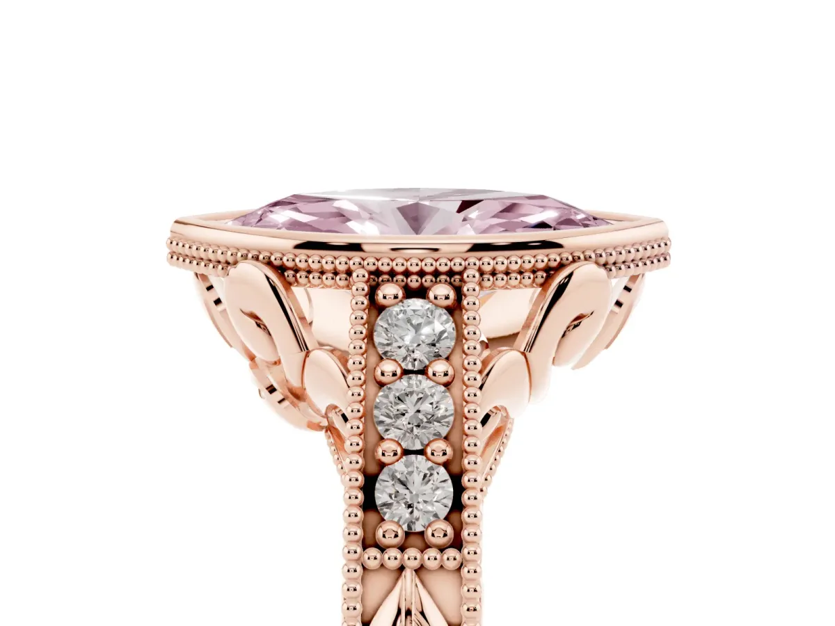 Fancy Pink Bezel Set Marquise Cut Diamond Milgrain Pave Engagement Ring Rose gold
