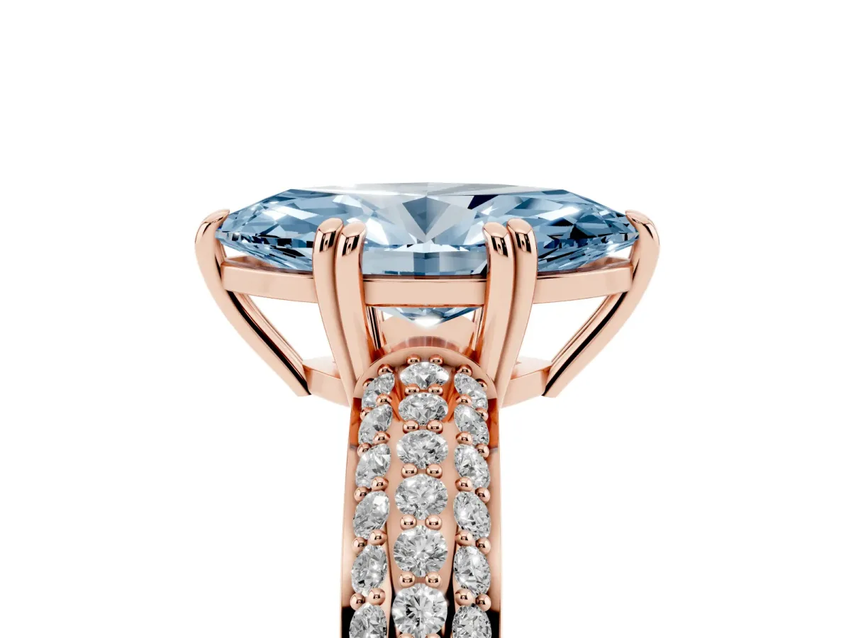 Fancy Blue Marquise Cut Diamond Solitaire Ring with Multi-Row Round Pavé Band and Prong Setting Rose gold