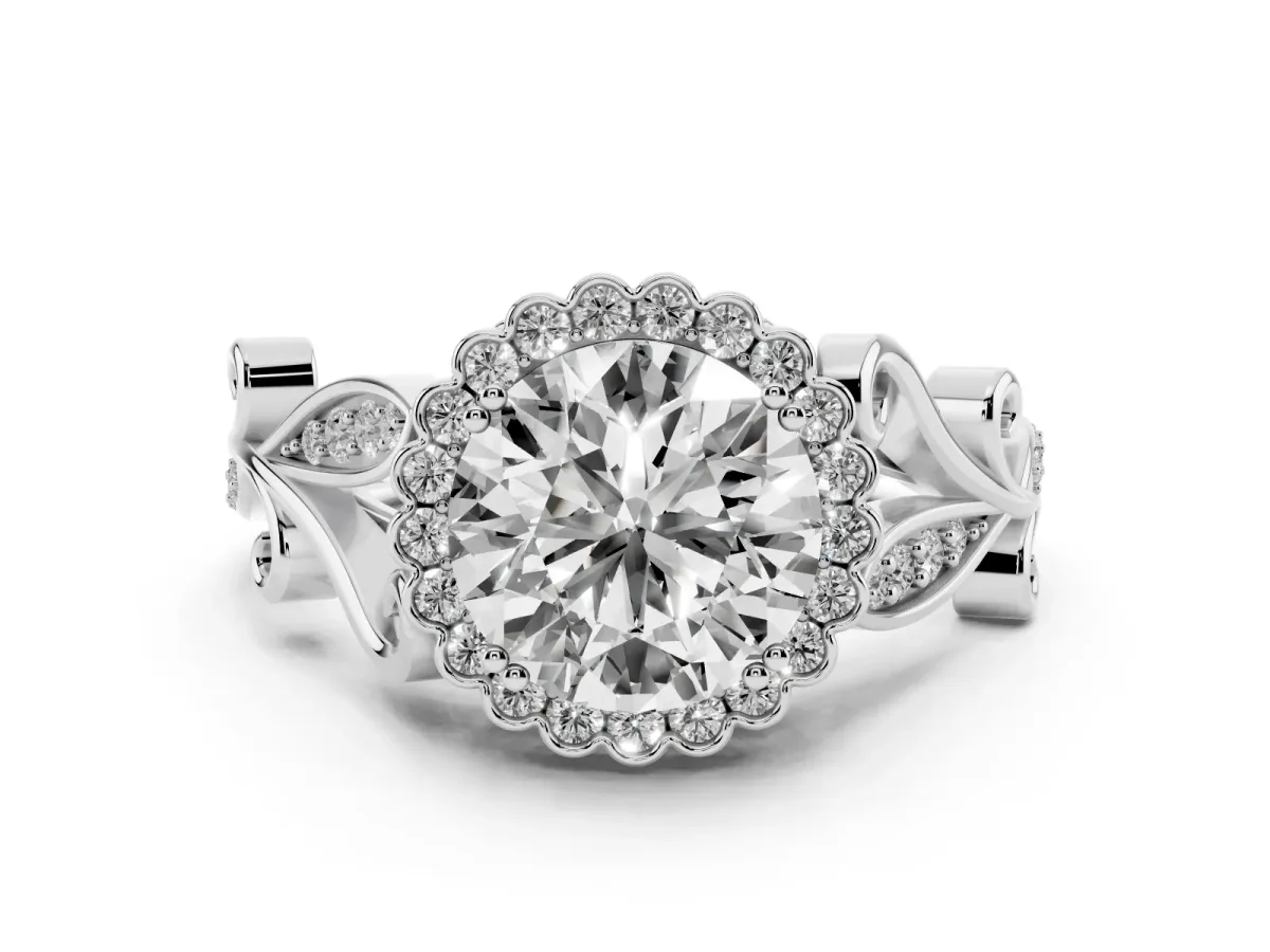 Round Cut Diamond Halo Ring with Vintage Split Shank and Four-Prong Setting Platinum