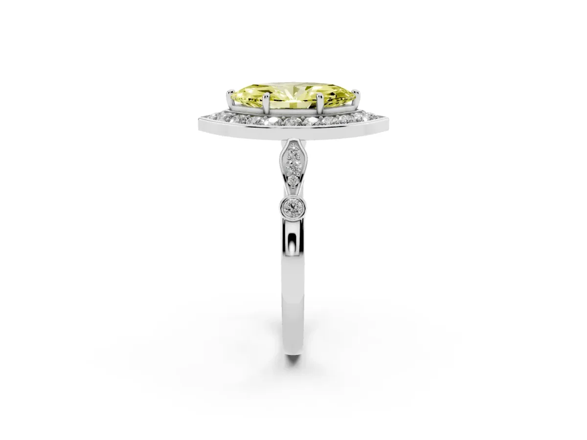 Fancy Yellow Marquise Cut Halo Diamond Engagement Ring with Twisted Band and Four-Prong Setting Silver