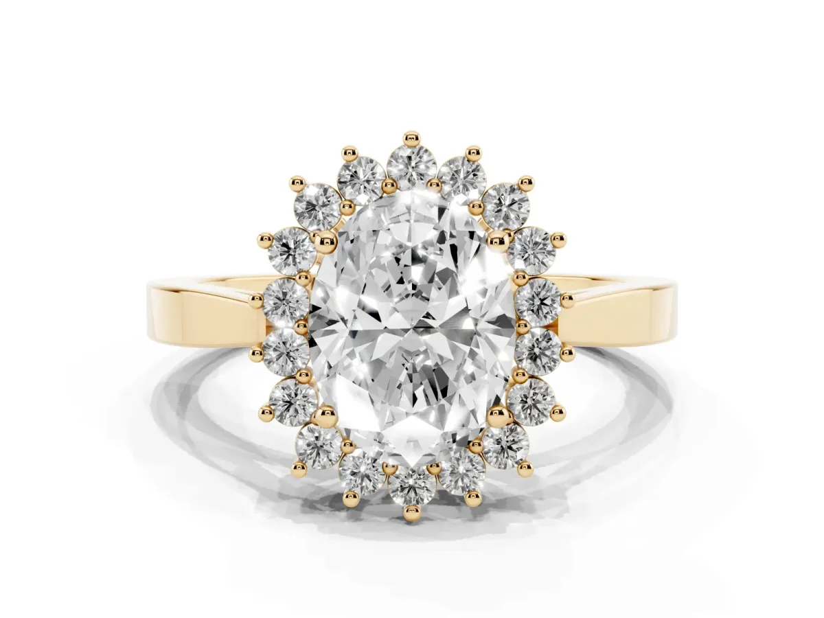 Oval Cut Cut Diamond Halo Ring with Round Brilliant Halo and Solitaire Band Yellow gold