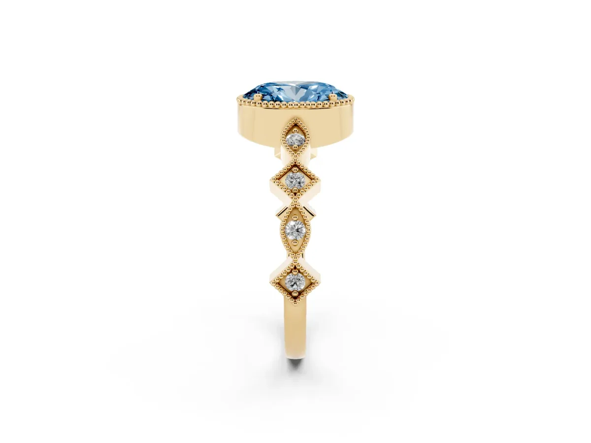 Fancy Blue Oval Cut Milgrain Marquise Diamond Twist Band Ring Yellow gold