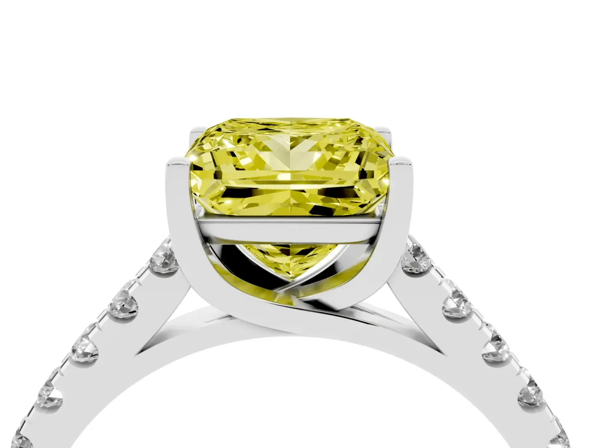 Fancy Yellow Princess Cut Diamond Pavé Band Solitaire Ring with Prong Setting Silver