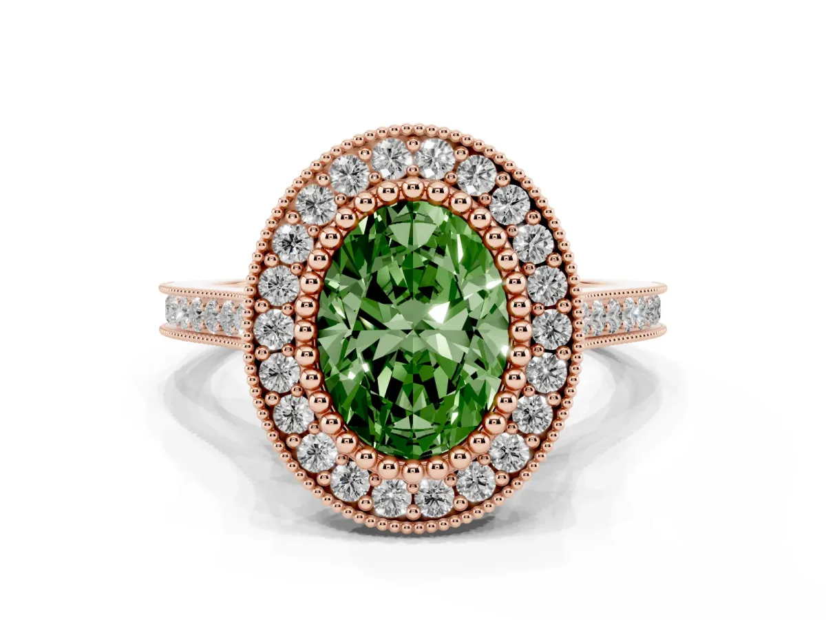 Fancy Green Oval Cut Diamond Halo Ring with Milgrain Frame and Pavé Band Rose gold