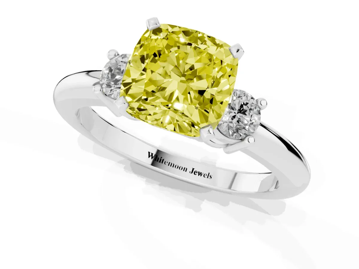 Fancy Yellow Three-Stone Cushion Cut Cut Diamond Solitaire with Prong Setting and Classic Band Platinum