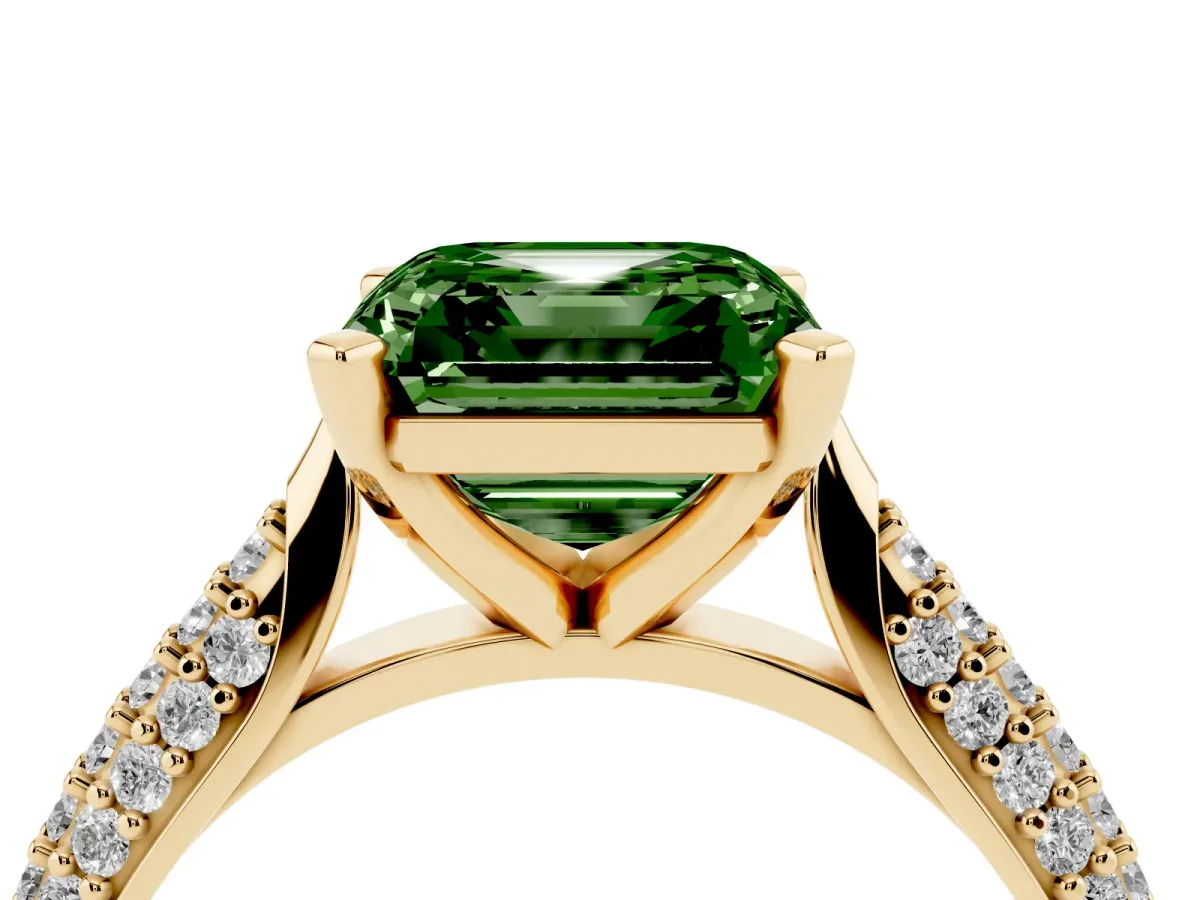 Fancy Green Asscher Cut Diamond Solitaire Engagement Ring with Multi-Row Round Pavé Band and Prong Setting Yellow gold