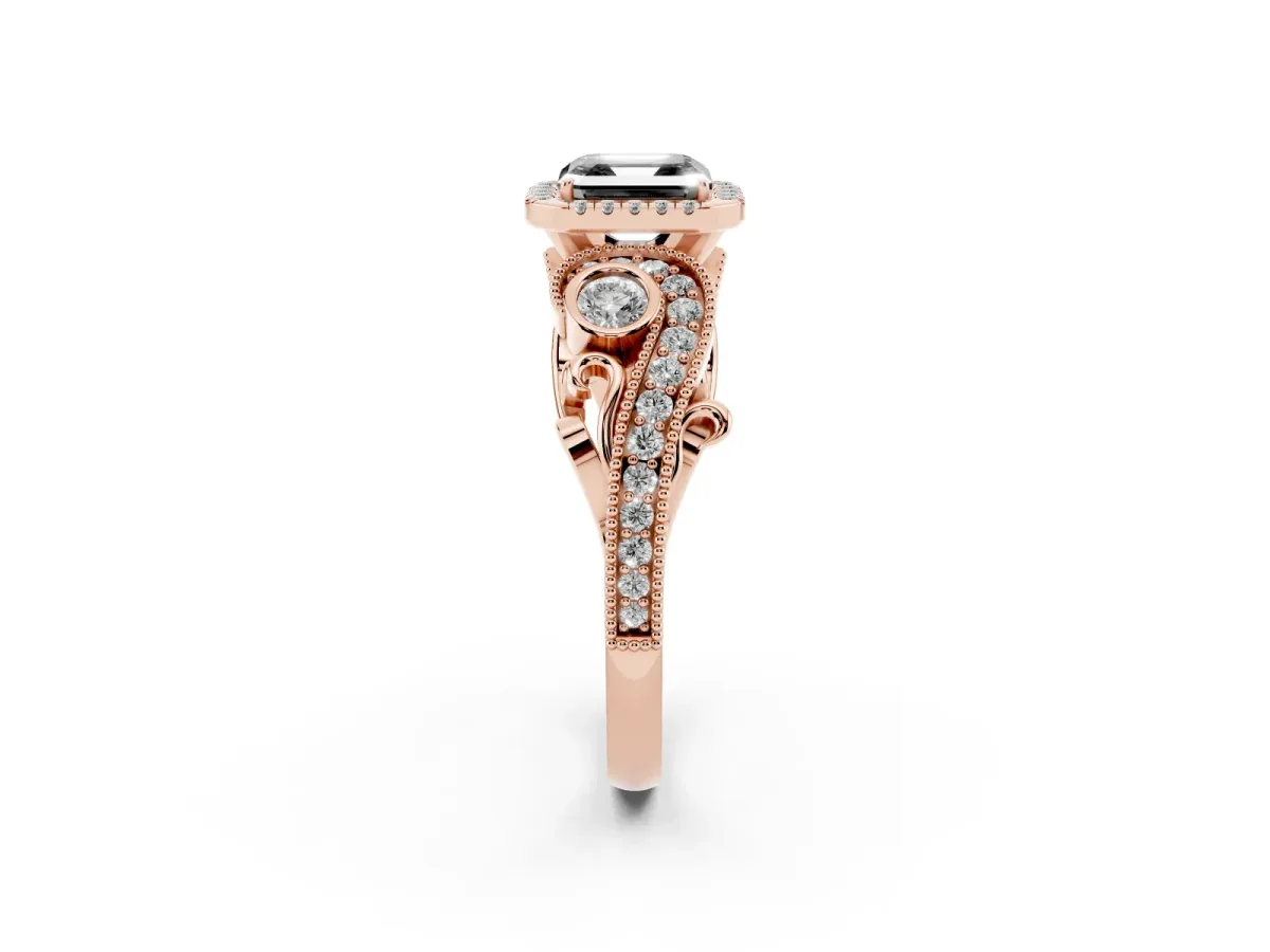 Fancy Black Asscher Cut Halo Diamond Ring with Milgrain and Bezel Accents on a Split Shank Band Rose gold