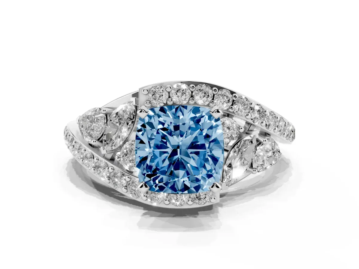 Fancy Blue Cushion Cut Diamond Halo Ring with Marquise and Pavé Band in Prong Setting Silver