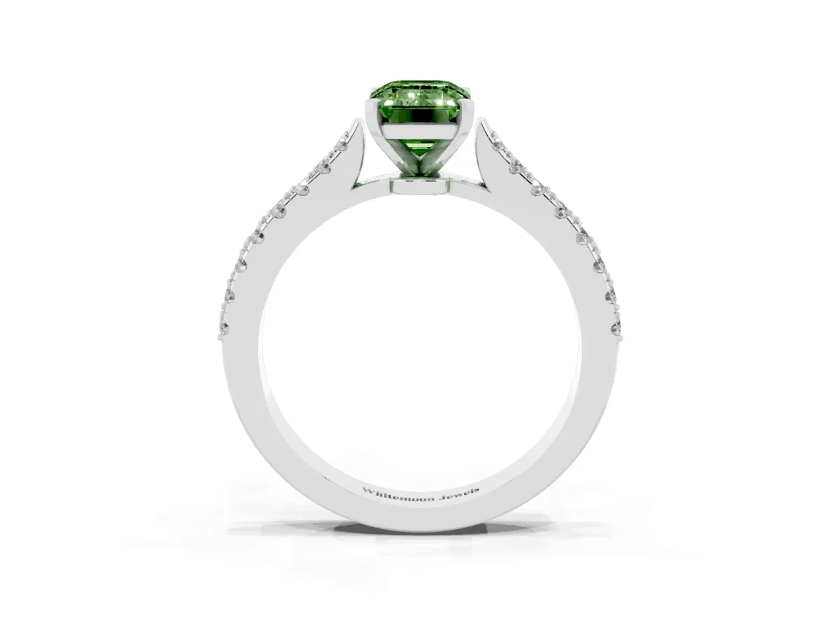 Fancy Green Emerald Cut Cut Solitaire Diamond Engagement Ring with Pave Band and Four-Prong Setting Platinum