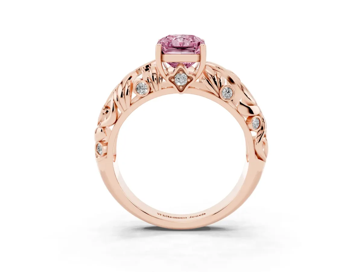 Fancy Pink Radiant Cut Solitaire Diamond Leaf-Inspired Vine Band Ring with Prong Setting Rose gold