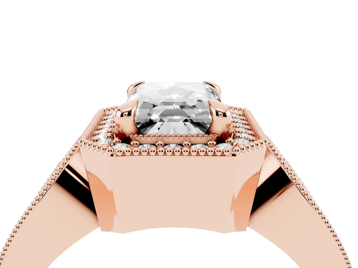 Emerald Cut Halo Split Shank Milgrain Diamond Ring Rose gold
