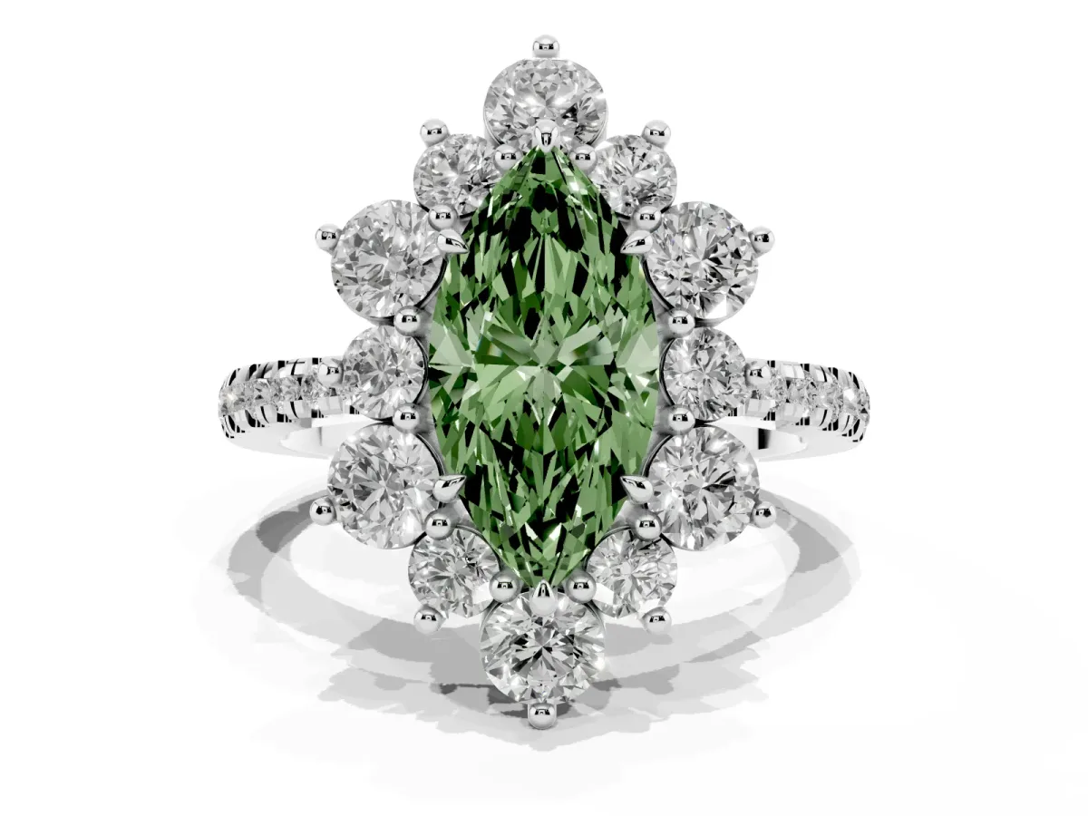 Fancy Green Marquise Cut Diamond Floral Halo Ring with Round Pavé Band and Prong Setting Silver
