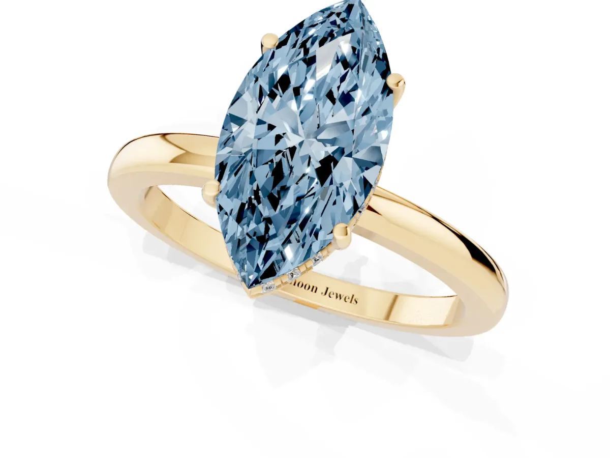 Fancy Blue Marquise Cut Solitaire Diamond Ring with Prong Setting and Plain Band Yellow gold