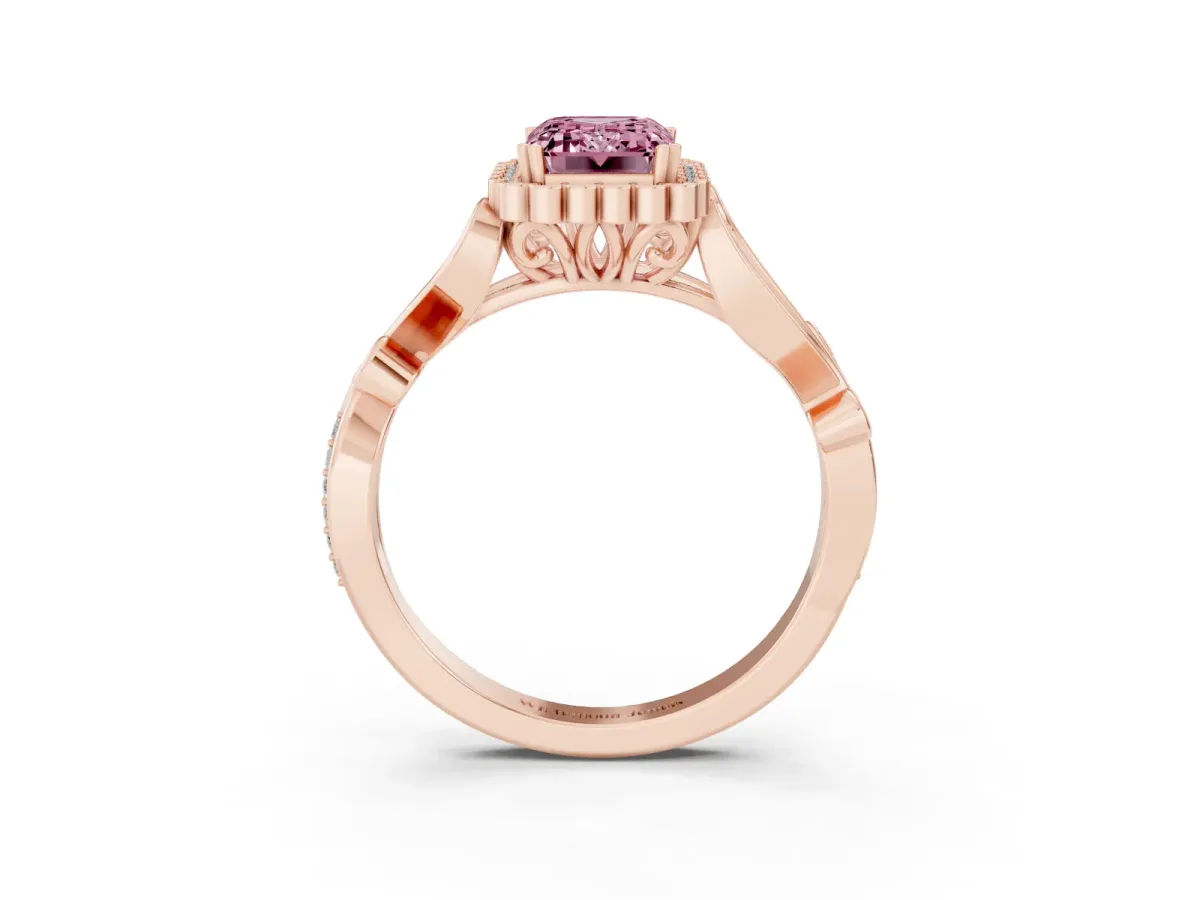 Fancy Pink Emerald Cut Diamond Halo Ring with Vintage Split Shank and Four-Prong Setting Rose gold