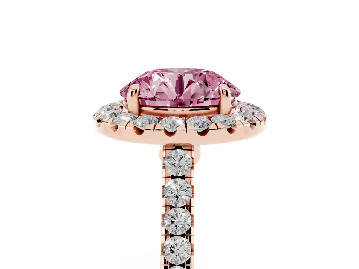 Fancy Pink Round Cut Halo Pave Diamond Engagement Ring with Four-Prong Setting Rose gold