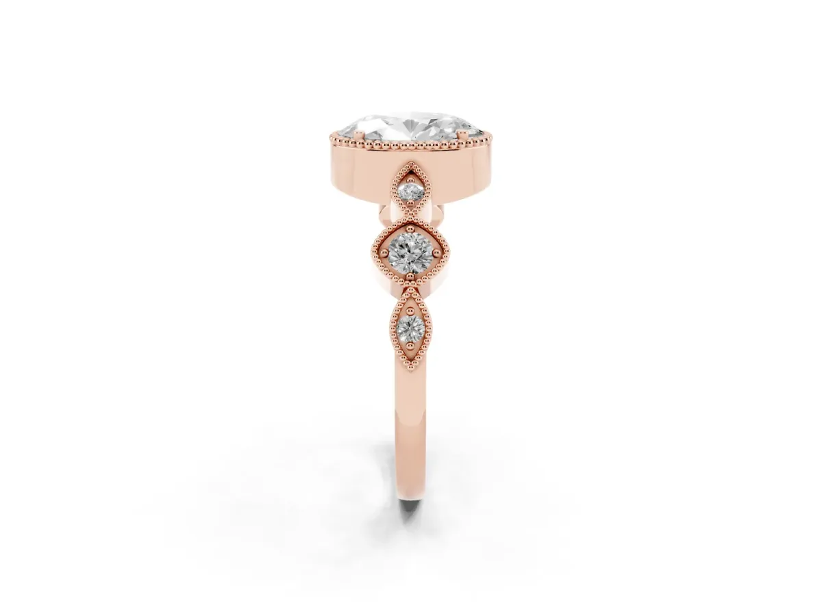 Oval Cut Diamond Vintage Milgrain Ring with Round Stations Rose gold