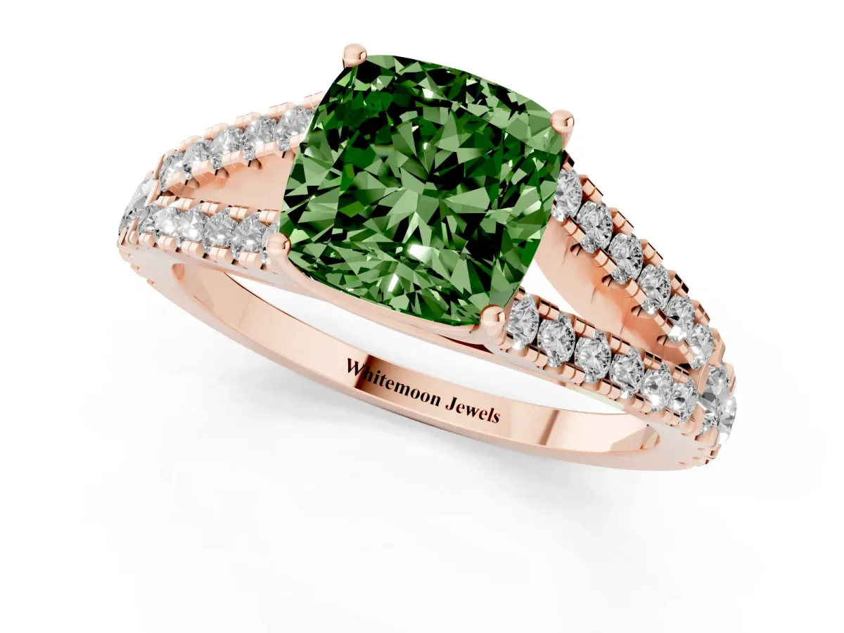 Fancy Green Cushion Cut Diamond Split Shank Engagement Ring with Round Pavé and Prong Setting Rose gold
