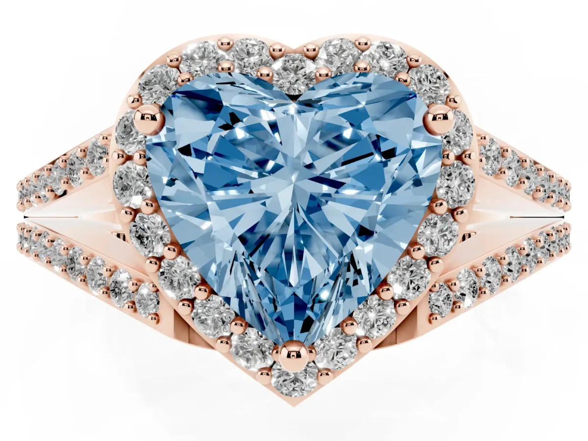 Fancy Blue Heart Cut Halo Split Shank Diamond Ring with Prong Setting Rose gold